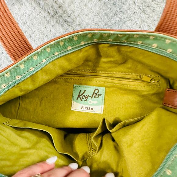 VINTAGE FOSSIL KEY PER JADE GREEN COATED CANVAS LEATHER TOTE BAG & WALLET - Picture 6 of 6